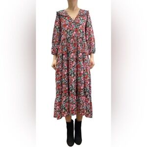 Zara Women’s V-Neck Floral Print Multi Sheer Tiered Maxi Dress Sz XS